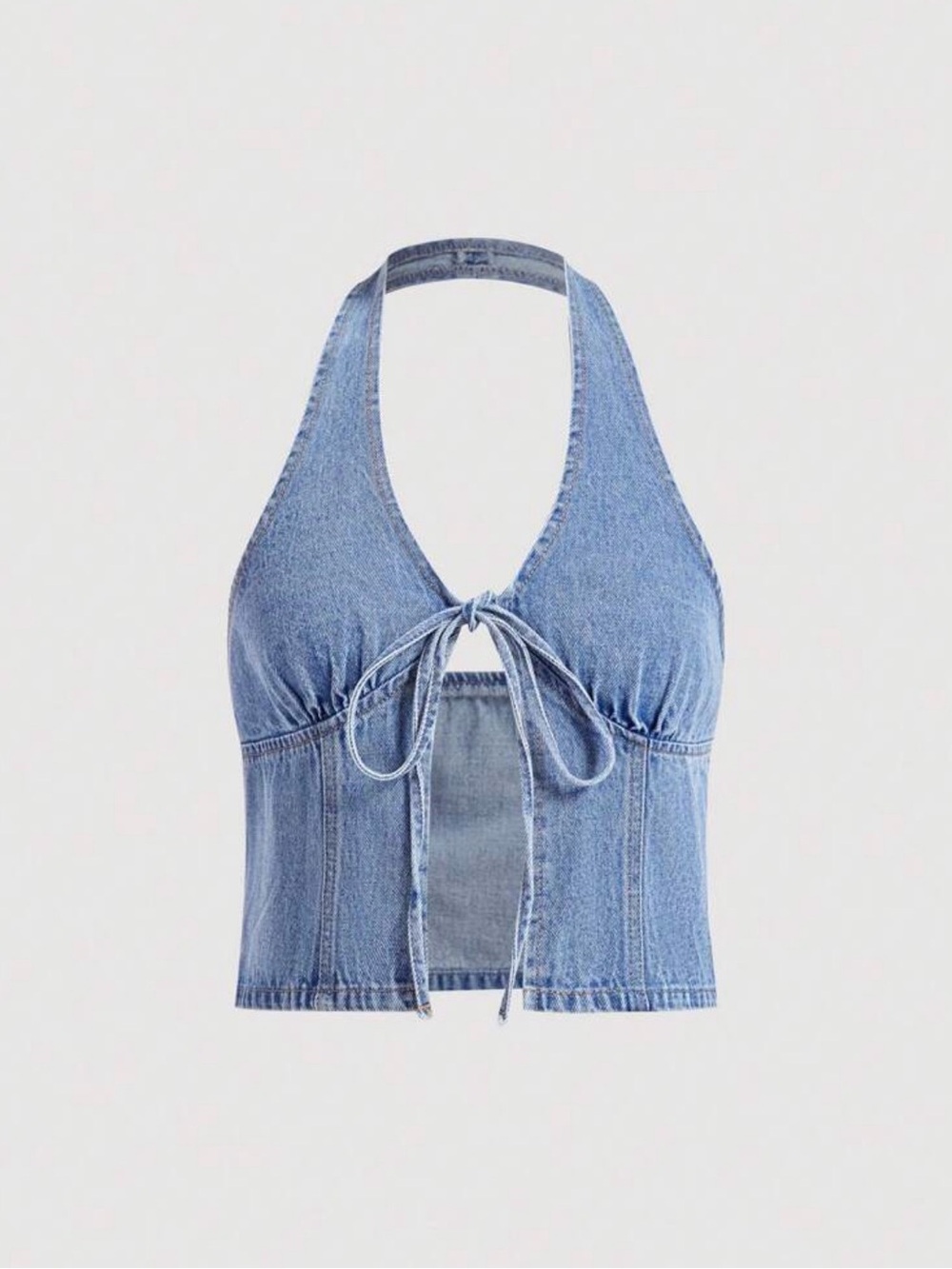 Denim Tie-Front Halter Crop Top